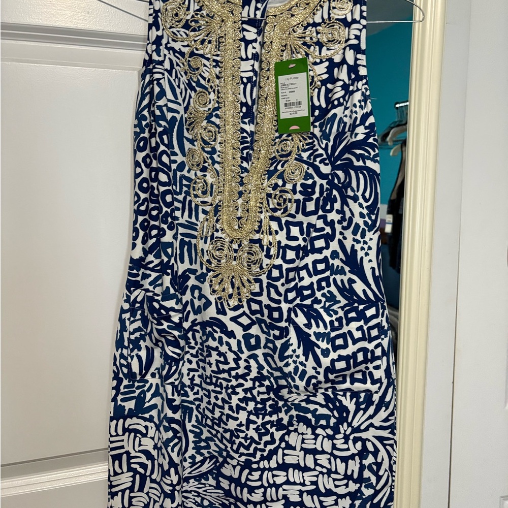 NWT Lilly Pulitzer Indigo and White Dress with Gold Details